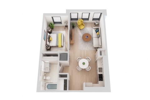 a stylized floor plan with a bedroom and a living room